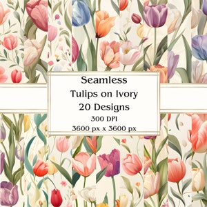 20 tulipes sur papier numérique sans couture ivoire, JPEG, 12 x 12 po, papier de scrapbooking, journal indésirable, paquet de papier, usage commercial