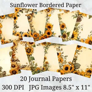 20 papel de diário envelhecido com borda de girassol, papel digital JPEG, 8,5" x 11", papel de álbum de recortes, diário indesejado, pacote de papel, uso comercial