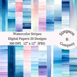 20 Watercolor Stripes Digital Papers, JPEG, 12" x 12", Scrapbook Paper, Junk Journal, Paper Pack, Commercial Use
