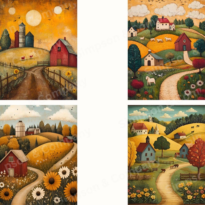 20 Folk Art Farms Journal Paper, Digital Paper JPEG, 8.5 X 11