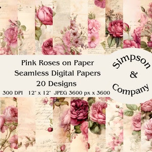 20 rose rosa su carta invecchiata Carta digitale senza cuciture, JPEG, 12" x 12", Carta per album, Diario spazzatura, Pacchetto di carta, Uso commerciale