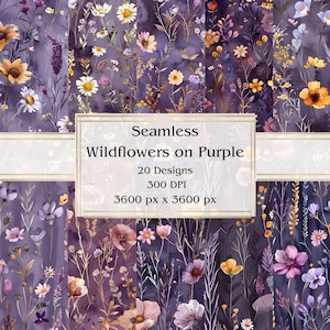 20 Wildblumen auf lila nahtloses digitales Papier, JPEG, 12 "x 12", Scrapbook-Papier, Junk-Journal, Papiersatz, kommerzielle Nutzung