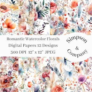 12 Romantische Aquarell Blumen Digitale Papiere, JPEG, 12 &quot;x 12&quot;, Scrapbook Papier, Junk Journal, Papierpackung, Kommerzielle Nutzung