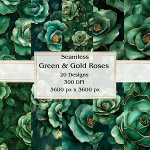 Papel digital sin costuras con 20 rosas verdes y doradas, JPEG, 12" x 12", papel para álbumes de recortes, Junk Journal, paquete de papel, uso comercial