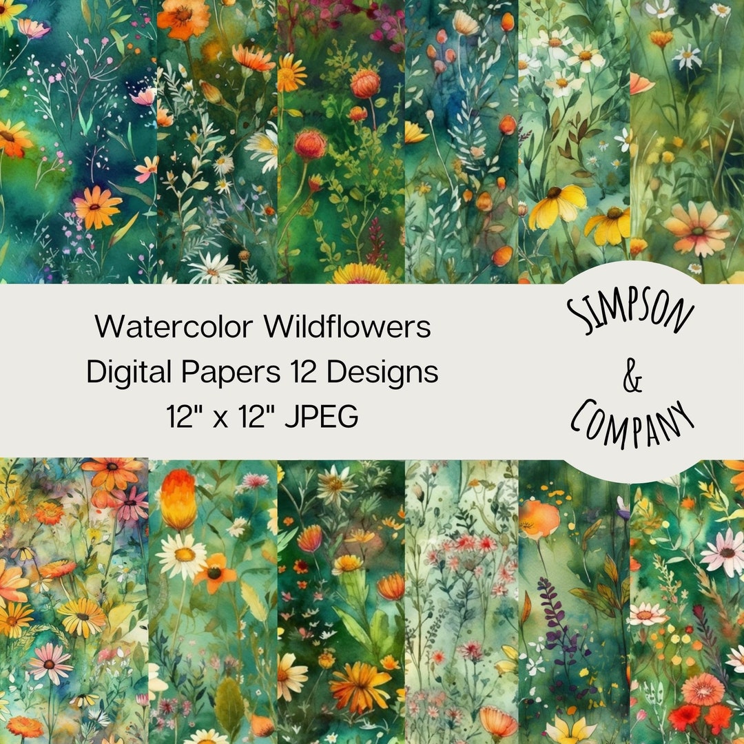 12 Watercolor Wildflowers Digital Papers, JPEG, 12" X 12", Scrapbook ...