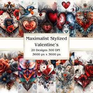 20 papier numérique stylisé maximaliste pour la Saint-Valentin, JPEG, 12 x 12 po, papier de scrapbooking, journal indésirable, paquet de papier, usage commercial