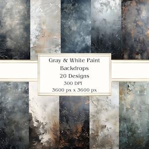 20 toiles de fond peintes en gris et blanc, papier numérique JPEG, 12 x 12 po, papier de scrapbooking, journal indésirable, paquet de papier, usage commercial
