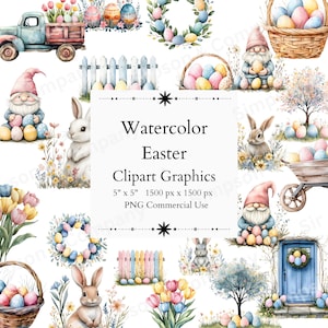 35 PNG aquarela Páscoa Clipart, ovos de Páscoa, coelho, gnomos gráficos, download instantâneo, uso comercial