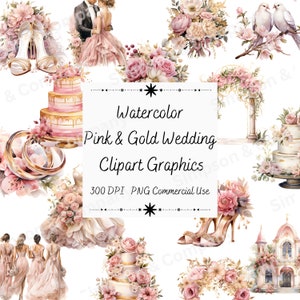 35 PNG Aquarell Pink & Gold Hochzeit Clipart, Hochzeit Grafiken, Sofort Download, kommerzielle Nutzung