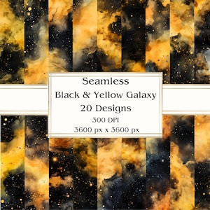 20 Zwart & Geel Galaxy Naadloos Digitaal Papier, JPEG, 12" x 12", Scrapbookpapier, Junk Journal, Paper Pack, Commercieel gebruik