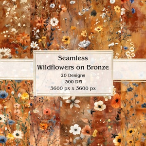20 Wildblumen auf Bronze nahtloses digitales Papier, JPEG, 12 "x 12", Scrapbook-Papier, Junk-Journal, Papiersatz, kommerzielle Nutzung