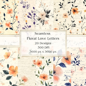 20 papeles digitales sin costuras con letras de amor florales, JPEG, 12" x 12", papel para álbumes de recortes, papel para diario basura, paquete de papel, uso comercial