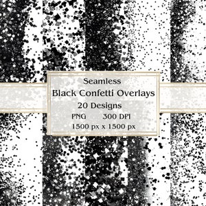 20 PNG Black Confetti Overlay clipart sem costura, glitter gráficos, download instantâneo, uso comercial