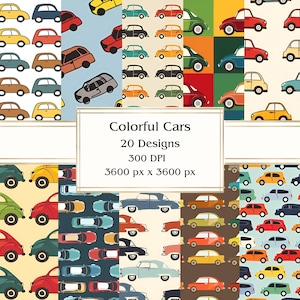 20 Colorful Cars Digital Paper, JPEG, 12&quot; x 12&quot;, Scrapbook Paper, Junk Journal, Paper Pack, Commercial Use