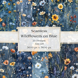 20 Wildblumen auf blauem nahtloses Digitalpapier, JPEG, 12 "x 12", Scrapbook-Papier, Junk-Journal, Papiersatz, kommerzielle Nutzung