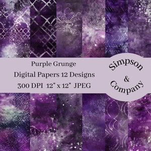 12 Purple Grunge Textures Digital Papers, JPEG, 12&quot; x 12&quot;, Scrapbook Paper, Junk Journal, Paper Pack, Commercial Use
