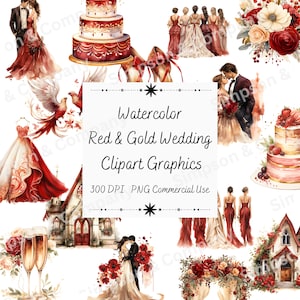 35 PNG aquarel rode & gouden bruiloft clipart, bruiloft graphics, Instant Download, commercieel gebruik