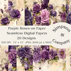 20 lila Rosen auf gealtertem Papier Seamless Digital Paper, JPEG, 12" x 12", Scrapbook Papier, Junk Journal, Paper Pack, kommerzielle Nutzung