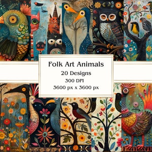 20 animali d'arte popolare carta digitale, JPEG, 12" x 12", carta per album, diario spazzatura, pacchetto di carta, uso commerciale