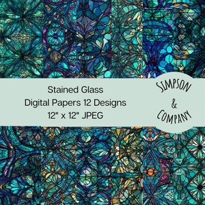 12 Stained Glass Digital Papers, JPEG, 12&quot; x 12&quot;, Scrapbook Paper, Junk Journal, Paper Pack
