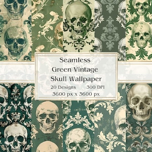 20 grüne Vintage Schädel-Tapete Nahtloses digitales Papier, JPEG, 12 "x 12", Scrapbook-Papier, Junk-Journal, Papiersatz, kommerzielle Nutzung