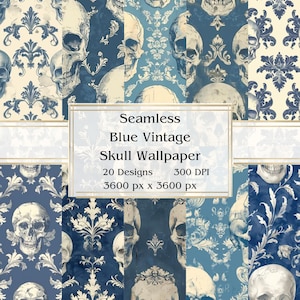 20 blaue Vintage-Schädel-Hintergrundbilder, nahtloses digitales Papier, JPEG, 12" x 12", Scrapbook-Papier, Junk Journal, Papierpaket, kommerzielle Nutzung