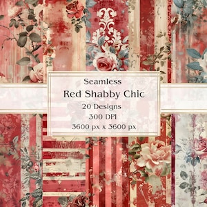 20 rote, shabby chic, nahtlose digitale Papier, JPEG, 12 "x 12", Scrapbook Papier, Junk Journal, Paper Pack, kommerzielle Nutzung