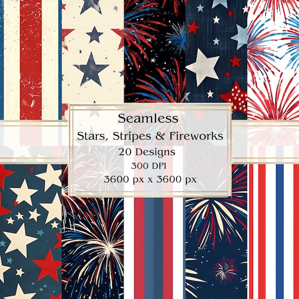 20 Stars, Stripes & Fireworks Seamless Digital Paper, JPEG, 12" x 12", Scrapbook Paper, Junk Journal, Paper Pack, Commercial Use