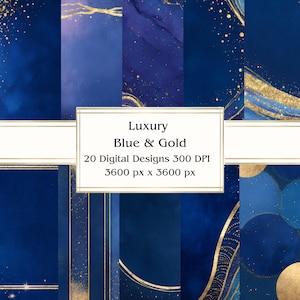 20 luxe blauw-goud digitaal papier, jpeg, 12 x 12 inch, plakboekpapier, junkjournal, papieren verpakking, commercieel gebruik