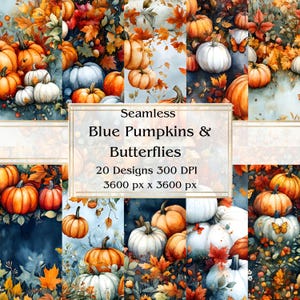 20 zucche blu e farfalle carta digitale senza soluzione di continuità, JPEG, 12" x 12", carta per scrapbooking, diario spazzatura, confezione di carta, uso commerciale