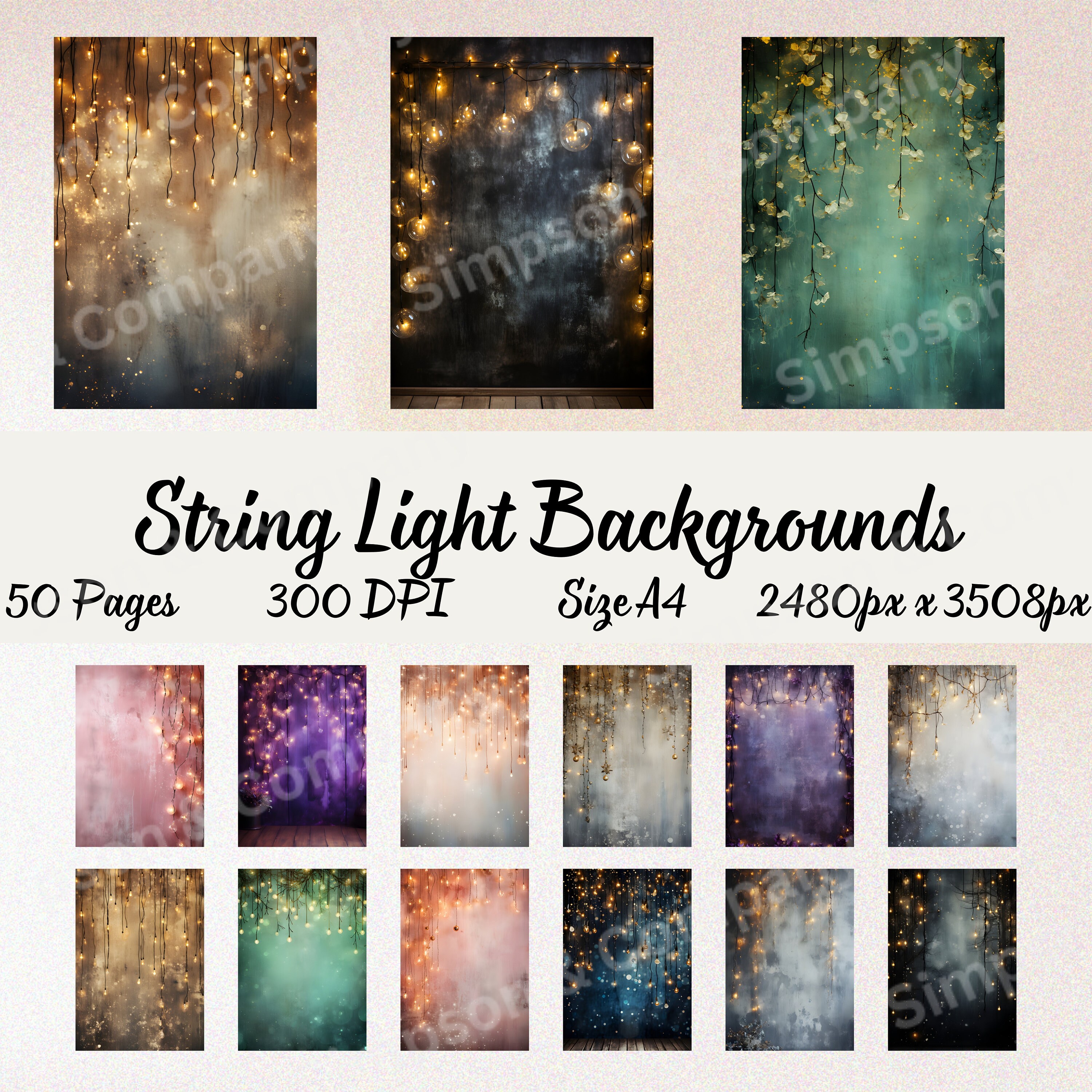 50 String Light Backgrounds Digital Paper, JPEG, Size A4 Paper Scrapbook Paper, Junk Journal, Paper Pack, Commercial Use