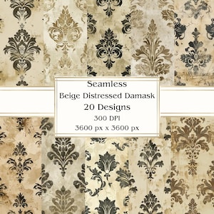 20 Beige Distressed Damask Seamless Digital Paper, JPEG, 12&quot; x 12&quot;, Scrapbook Paper, Junk Journal, Paper Pack, Commercial Use
