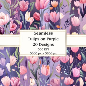 20 Tulips on Purple Seamless Digital Paper, JPEG, 12&quot; x 12&quot;, Scrapbook Paper, Junk Journal, Paper Pack, Commercial Use