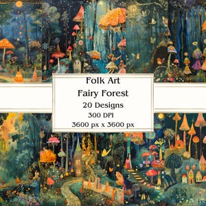 20 art folklorique forêt féerique papier numérique, JPEG, 12 x 12 po, papier de scrapbooking, journal indésirable, paquet de papier, usage commercial