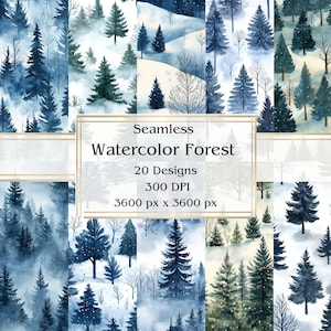 20 Papel digital sem costura Winter Watercolor Forest, JPEG, 12" x 12", papel para scrapbook, diário de lixo, pacote de papel, uso comercial