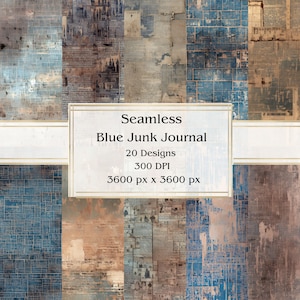 20 Blue Junk Journal Pages Seamless Digital Paper, JPEG, 12&quot; x 12&quot;, Scrapbook Paper, Junk Journal, Paper Pack, Commercial Use