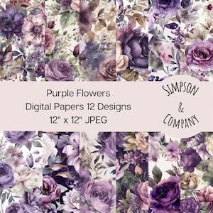 12 papéis digitais de flores roxas, JPEG, 12" x 12", papel de álbum de recortes, diário de lixo, pacote de papel, florais, rosas, jardim