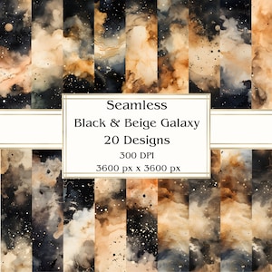 20 Zwart & Beige Galaxy Naadloos Digitaal Papier, JPEG, 12" x 12", Scrapbookpapier, Junk Journal, Paper Pack, Commercieel gebruik