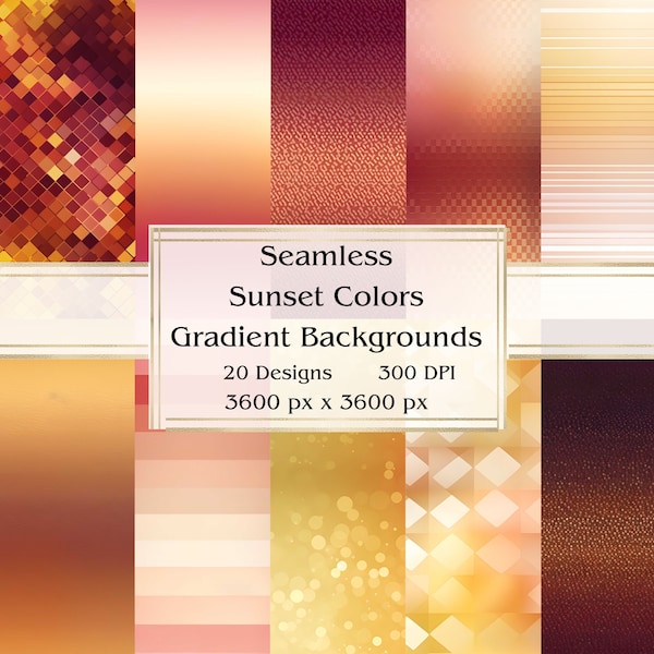 20 Sunset Colors Gradient Backgrounds Seamless Digital Paper, JPEG, 12" x 12", Scrapbook Paper, Junk Journal, Paper Pack, Commercial Use