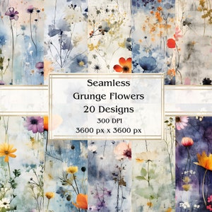 20 Grunge Florals Carta digitale senza cuciture, JPEG, 12" x 12", Carta per album, Diario spazzatura, Pacchetto di carta, Uso commerciale