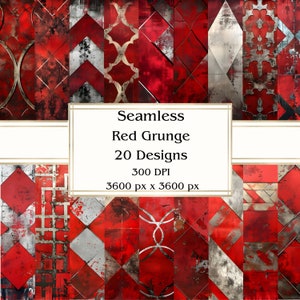 20 Red Grunge Seamless Digital Paper, JPEG, 12&quot; x 12&quot;, Scrapbook Paper, Junk Journal, Paper Pack, Commercial Use