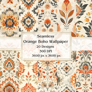 20 orange Boho Wallpaper Nahtloses digitales Papier, JPEG, 12 "x 12", Scrapbook Papier, Junk Journal, Papiersatz, kommerzielle Nutzung