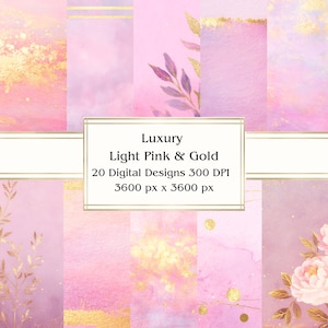 20 luxe lichtroze en goud digitaal papier, jpeg, 12 x 12 inch, plakboekpapier, rommeldagboek, papieren verpakking, commercieel gebruik