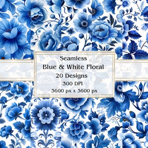 20 Blue & White Floral Seamless Digital Paper, JPEG, 12&quot; x 12&quot;, Scrapbook Paper, Junk Journal, Paper Pack, Commercial Use