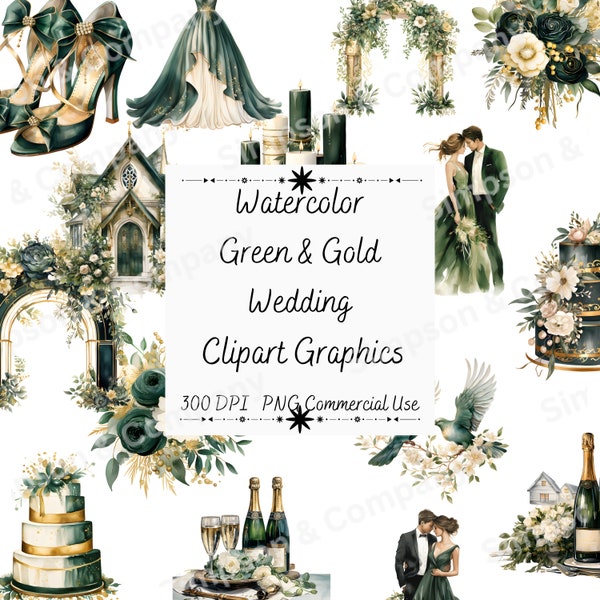 35 PNG Watercolor Green & Gold Wedding Clipart, Wedding Graphics, Instant Download, Commercial Use