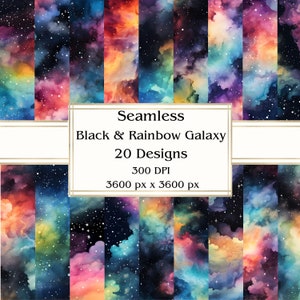 20 Zwart & Rainbow Galaxy Naadloos Digitaal Papier, JPEG, 12" x 12", Scrapbookpapier, Junk Journal, Paper Pack, Commercieel gebruik