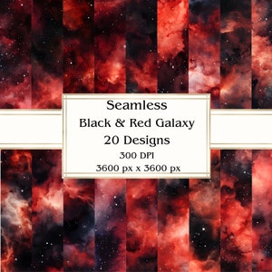 20 Zwart & Rood Galaxy Naadloos Digitaal Papier, JPEG, 12" x 12", Scrapbookpapier, Junk Journal, Paper Pack, Commercieel gebruik
