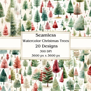20 árboles de Navidad de acuarela papel digital sin costuras, JPEG, 12" x 12", papel de álbum de recortes, diario basura, paquete de papel, uso comercial