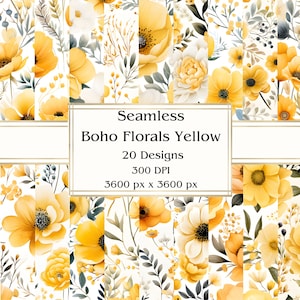 20 Boho Florals Yellow Seamless Digital Paper, JPEG, 12" x 12", Scrapbook Paper, Junk Journal, Paper Pack, Commercial Use