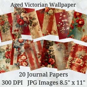 20 rood oud Victoriaans behang dagboekpapier, digitaal papier JPEG, 8,5 "x 11", scrapbookpapier, junk journal, papierpakket, commercieel gebruik